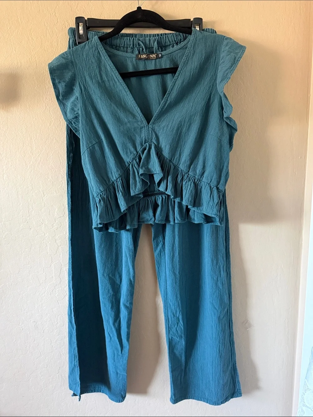 FANCYINN Teal 2 Piece Crop Top Wide Leg Side Slit Pants Set Medium